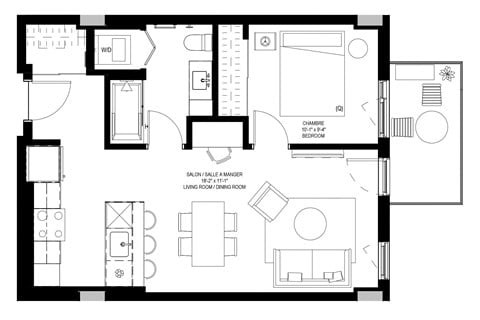 Floor plan for 1 bed, 1 bath, 610 sqft
